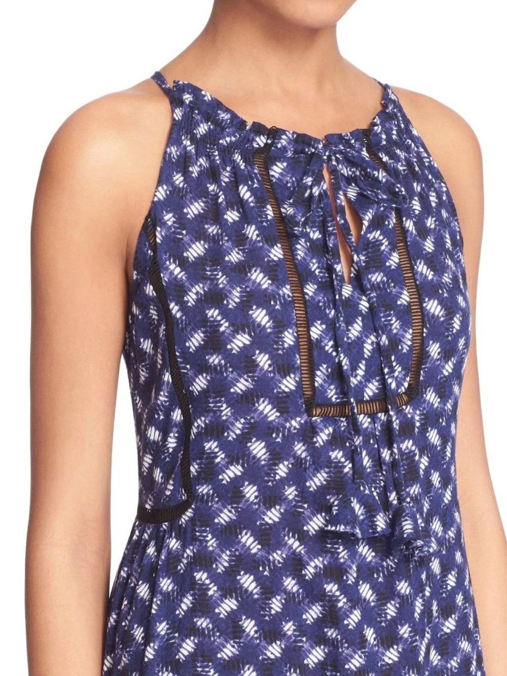 Rebecca Taylor Silk Blend Printed Maxi Dress Blue Tie Neck Sleeveless Size 6 - Picture 2 of 8